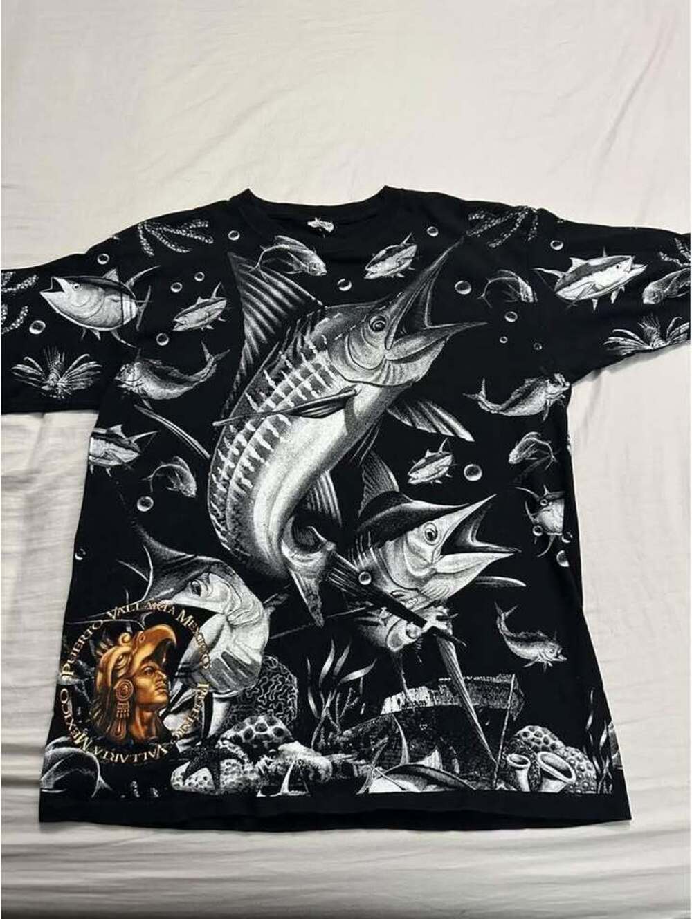 Vintage Puerto Vallarta Mexico All Over Print Marlin Tuna T-Shirt Used Like New